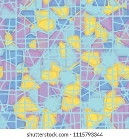 Seamless pattern. At the base of the texture lie the punched squares broken into multi-colored pieces. Camouflage style. Above the picture there is a mesh network consisting of dissected rectangles.