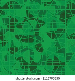 Seamless pattern. At the base of the texture lie the punched squares broken into multi-colored pieces. Camouflage style. Above the picture there is a mesh network consisting of dissected rectangles.