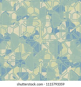 Seamless pattern. At the base of the texture lie the punched squares broken into multi-colored pieces. Over the picture, a regular network consisting of strokes of base figures is superimposed.