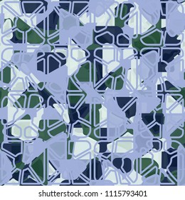 Seamless pattern. At the base of the texture lie the punched squares broken into multi-colored pieces. Over the picture, a regular network consisting of strokes of base figures is superimposed.