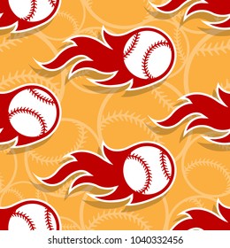 Seamless pattern with baseball ball icons and flames. Vector illustration. Ideal for wallpaper, wrapping, packaging, fabric design and any kind of decoration.