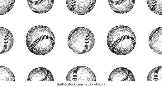 Seamless pattern of baseball balls sketches, vector hand drawn background, paper