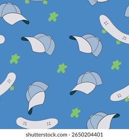 Seamless Pattern With Baseball Caps and Skateboards in Pastel Tones