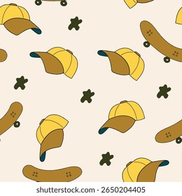 Seamless Pattern With Baseball Caps and Skateboards in Pastel Tones