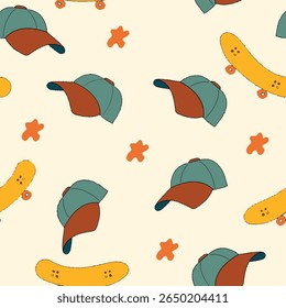 Seamless Pattern With Baseball Caps and Skateboards in Pastel Tones