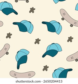 Seamless Pattern With Baseball Caps and Skateboards in Pastel Tones
