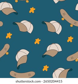 Seamless Pattern With Baseball Caps and Skateboards in Pastel Tones