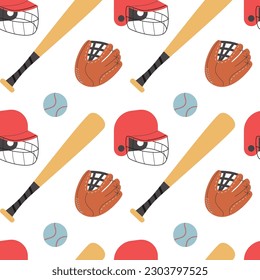 Seamless pattern with baseball equipment flat style, vector illustration on white background. Decorative design for wrapping or packaging, leather gloves, bats, helmets and balls