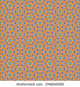 A seamless pattern based on elements of the traditional Japanese craft Kumiko zaiku. Green, orange and blue colours.