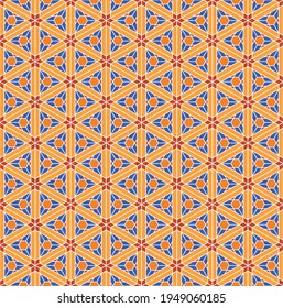 A seamless pattern based on elements of the traditional Japanese craft Kumiko zaiku. Red, orange and blue colours.
