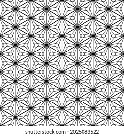 A seamless pattern based on elements of the traditional Japanese craft Kumiko zaiku. Fine lines of black color.