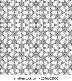 A seamless pattern based on elements of the traditional Japanese craft Kumiko zaiku. Thin lines of black color.