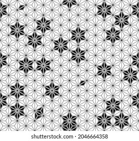 A seamless pattern based on elements of the traditional Japanese craft Kumiko zaiku. Thin lines of black color.