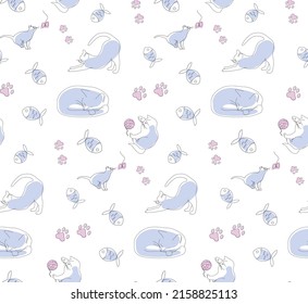 Seamless pattern based on hand drawn playful violet cats and pink cat paws . Great for decor, surface design, postcards.