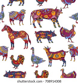Seamless pattern based on hand drawn farm animals decorated in ethnic style. Great for farm products and grocery advertising, ethnic festival print products, romantic cards, pattern design.