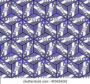 Seamless pattern based on the illusory triangles, rhombus. Vector illustration. Blue gradient