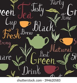 Seamless pattern based on ink painted tea leaves, branches and tea related hand painted words. Brush lettering text. Great for cafe, bars, tea ads, wallpaper, wrapping paper.