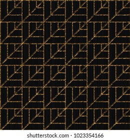 Seamless pattern based on japanese sashiko. Stylized leaves scratched texture. Inclined golden motif. Black background. Abstract geometric backdrop.