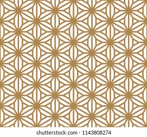 Seamless pattern based on Japanese ornament Kumiko.Golden color.Hexagon grid.Thick lines.
