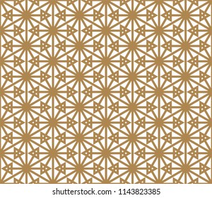 Seamless pattern based on Japanese ornament Kumiko.Golden color.Hexagon grid.Thick lines.
