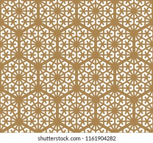 Seamless pattern based on Japanese ornament Kumiko.Hexagon grid.Golden color.