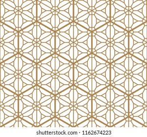Seamless pattern based on Japanese ornament Kumiko.Hexagon grid.Golden color.