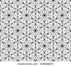 Seamless pattern based on Japanese geometric ornament.Black and white silhouette.Compound ornament.Average and thick lines.Hexagon grid.
