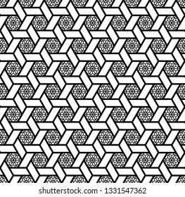 Seamless pattern based on Japanese geometric ornament.Black and white silhouette.Compound ornament.Hexagon grid.