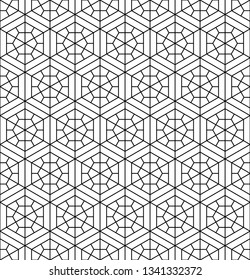Seamless pattern based on Japanese geometric ornament.Black and white silhouette.Compound ornament.Hexagon grid.MEDIUM thickness lines.