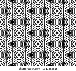Modelo inconsútil basado en el ornamento geométrico japonés. Silueta blanca y negra. Ornamento compuesto. Rejilla del hexágono.