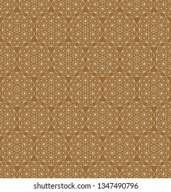 Seamless pattern based on japanese ornamet kumiko. Great design for any purposes. Background vector.Fine lines.Golden color backgroud layer,white pattern.