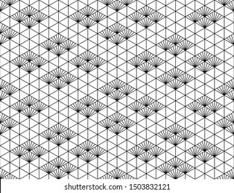 Seamless pattern based on japanese ornament Kumiko Black and white silhouette.Average thickness lines.