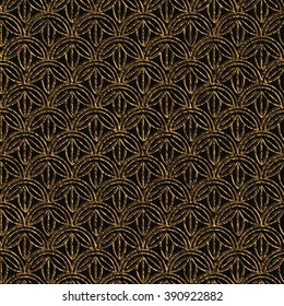 Seamless pattern based on japanese sashiko motifs. Golden color. Sashiko with flowers. Abstract geometric backdrop. Sashiko motif. For decoration or printing on fabric.