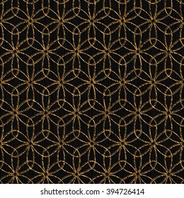 Seamless pattern based on japanese sashiko motif (Hana-Zashi). Golden color. Sashiko with flowers. Abstract geometric backdrop. Floral motif. For pattern fills, decoration or printing on fabric.