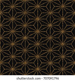 Seamless pattern based on japanese sashiko. Hemp leaf motif - Tobi asa-no-ha. Golden color. Abstract geometric texture. Plain backdrop for decoration, wallpaper or web-page background.