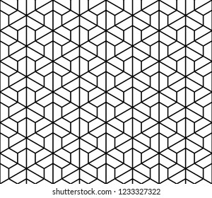 Seamless pattern based on Kumiko ornament .Black and white silhouette with average thickness lines.Suitable for laser cutting and design.