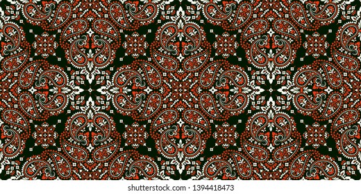 Seamless pattern based on ornament paisley Bandana Print. Boho vintage style vector background. Silk neck scarf or kerchief square pattern design style, best motive for print on fabric or papper.