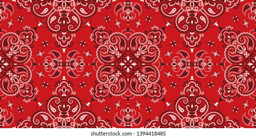 Seamless pattern based on ornament paisley Bandana Print. Boho vintage style vector background. Silk neck scarf or kerchief square pattern design style, best motive for print on fabric or papper.