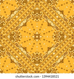 Seamless pattern based on ornament paisley Bandana Print. Boho vintage style vector background. Silk neck scarf or kerchief square pattern design style, best motive for print on fabric or papper.