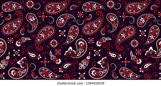 Seamless pattern based on ornament paisley Bandana Print. Boho vintage style vector background. Silk neck scarf or kerchief square pattern design style, best motive for print on fabric or papper.