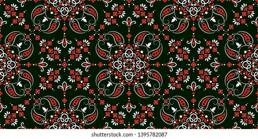 Seamless pattern based on ornament paisley Bandana Print. Boho vintage style vector background. Silk neck scarf or kerchief square pattern design style, best motive for print on fabric or papper.