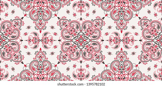 Seamless pattern based on ornament paisley Bandana Print. Boho vintage style vector background. Silk neck scarf or kerchief square pattern design style, best motive for print on fabric or papper.