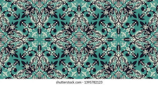 Seamless pattern based on ornament paisley Bandana Print. Boho vintage style vector background. Silk neck scarf or kerchief square pattern design style, best motive for print on fabric or papper.