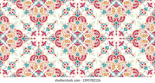 Seamless pattern based on ornament paisley Bandana Print. Boho vintage style vector background. Silk neck scarf or kerchief square pattern design style, best motive for print on fabric or papper.