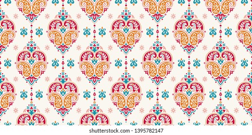 Seamless pattern based on ornament paisley Bandana Print. Boho vintage style vector background. Silk neck scarf or kerchief square pattern design style, best motive for print on fabric or papper.