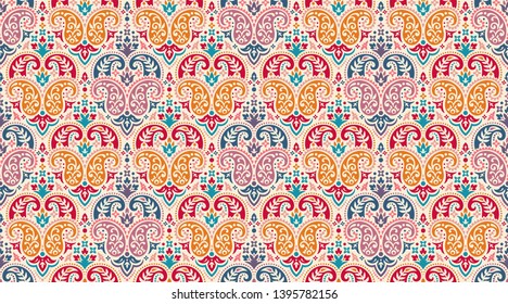 Seamless pattern based on ornament paisley Bandana Print. Boho vintage style vector background. Silk neck scarf or kerchief square pattern design style, best motive for print on fabric or papper.