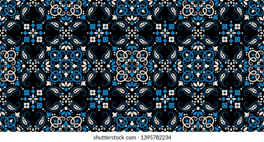 Seamless pattern based on ornament paisley Bandana Print. Vector ornament paisley Bandana Print. Silk neck scarf or kerchief square pattern design style, best motive for print on fabric or papper.