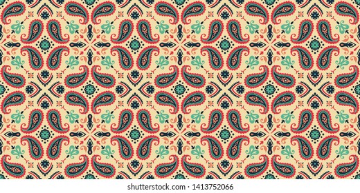 Seamless pattern based on ornament paisley Bandana Print. Vector ornament paisley Bandana Print. Silk neck scarf or kerchief square pattern design style, best motive for print on fabric or papper.