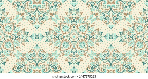 Nahtloses Muster auf der Grundlage von Ornament Paisley Bandana Print. Boho Vintage-Stil, Vektorhintergrund. Seidenhalsschal oder Kerchuch quadratischen Muster Design-Stil, beste Motiv für den Druck auf Stoff oder Papier.