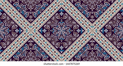 Seamless pattern based on ornament paisley Bandana Print. Boho vintage style vector background. Silk neck scarf or kerchief square pattern design style, best motive for print on fabric or papper.